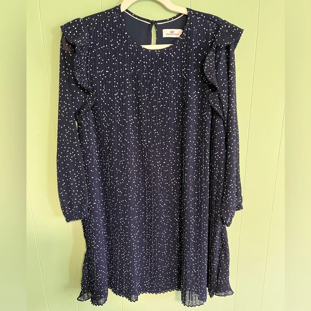 VINEYARD VINES Girls' Polka Dot Pleated Dress Navy Blue Flutter Sleeves …